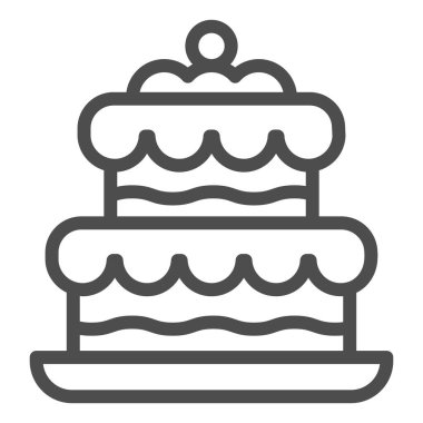 Pasta çizgisi simgesi. Doğum günü partisi ya da düğün tatlı tatlı sembolü, beyaz arka planda ana hatlı resim. Mobil konsept ve web tasarımı için pastane tabelası. Vektör grafikleri.