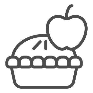 Elmalı turta çizgisi ikonu. Meyveli tatlı turtası, tatlı kek sembolü, beyaz arka planda ana hatlı resim. Mobil konsept ve web tasarımı için pastane tabelası. Vektör grafikleri.