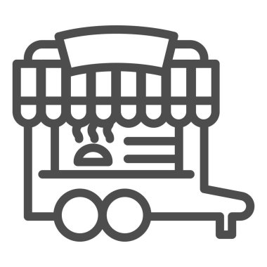 Tekerlekli oyalama çizgisi simgesi. Tekerlek pazarı, yemek vagonu ya da sokak büfesi sembolü, beyaz arka planda ana hatlı resim. Mobil konsept ve web tasarımı için pastane tabelası. Vektör grafikleri.