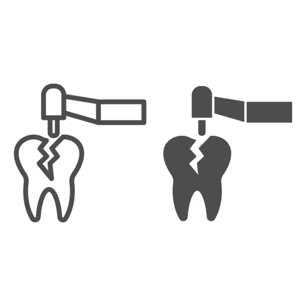 Fogászati fúróeszköz, törött fogsor és tömör ikon. Caries kezelés eszköz szimbólum, körvonalazott stílus piktogram fehér háttér. Fogászat jel a mobil koncepció és a web design. Vektorgrafika. — Stock Vector