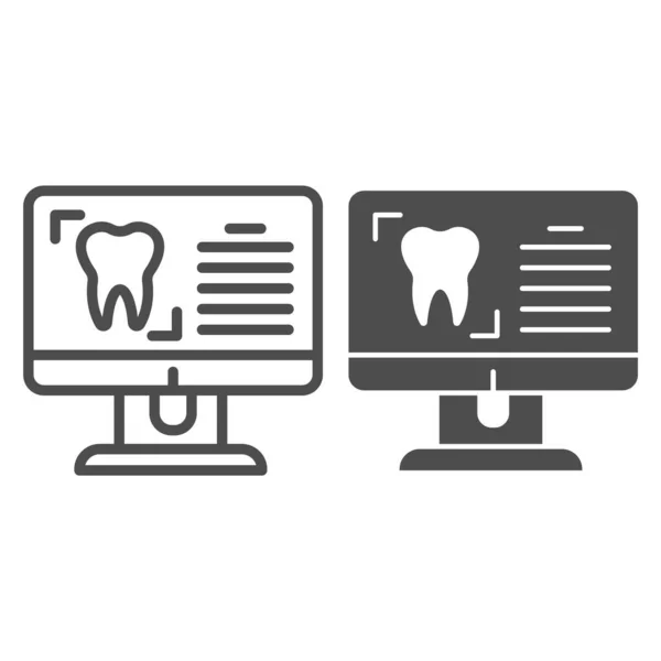 Línea de tarjeta de paciente e icono sólido. Procedimiento dental, sitio con diente en el símbolo del monitor, pictograma de estilo de contorno sobre fondo blanco. Signo de odontología para concepto móvil y diseño web. Gráficos vectoriales . — Archivo Imágenes Vectoriales