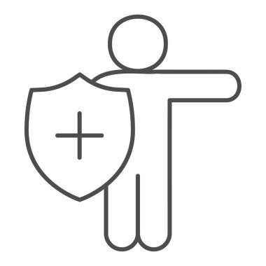 Tıbbi kalkan ince çizgi ikonu olan kişi. Hijyen kalkanı sembollü virüse karşı koruma, beyaz arka planda ana hatlı resim. Mobil konsept ve web için Covid-19 önleme işareti.