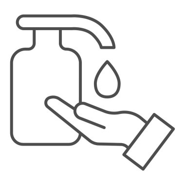 El ve sıvı sabun ince çizgi ikonu. Antibakteriyel jel sembolü kullanarak el temizleme, beyaz arka planda ana hatlı resim. Kişisel hijyen dezenfeksiyonu mobil konsept ve web tasarımı.