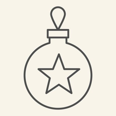 Noel ağacı oyuncağı ince çizgi ikonu. Beyaz arka planda noel topu taslak resim çizimi. Mobil konsept ve web tasarımı için yıldızlı cam. Vektör grafikleri.