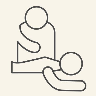 İnce çizgi ikonuna masaj yap. Profesyonel masör ve hasta taslağı beyaz arka planda resim çizimi. Mobil konsept ve web tasarımı için spa masajı ve rahatlama. Vektör grafikleri.