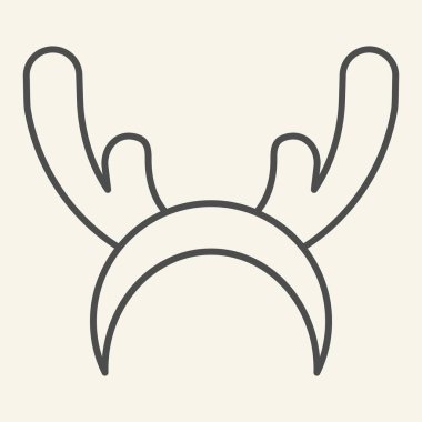 Geyik boynuzları ince çizgi simgesi. Ren geyiği maskesi beyaz arkaplanda resim çizimi. Mobil konsept ve web tasarımı için komik Noel geyiği boynuzları çemberi. Vektör grafikleri.