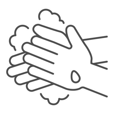 Elleri sabun ve su ince çizgi ikonu ile yıkayan kişi. Beyaz arka planda düzgün bir şekilde temiz parmak hijyeni ile covid-19 taslak biçiminde pictogram. Cep telefonu ve ağ için virüs işaretini engelle. Vektör grafikleri.