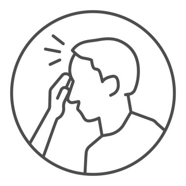 Ateşi olan adam ince çizgi ikonu. Hasta alnının sembolüne, beyaz arkaplanda ana hatlı resim çizimine dokunur. Coronavirus hastalıkları mobil konsept ve web tasarımının semptomlarıdır. Vektör grafikleri.