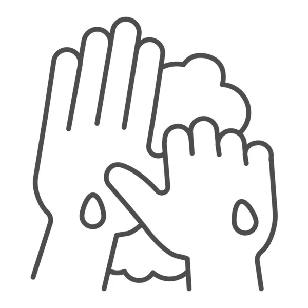 石鹸と水の細い線のアイコンで手を洗う人。白い背景に適切なきれいな指の衛生covid-19アウトラインスタイルのピクトグラム。モバイルおよびWeb用のウイルス標識を防止します。ベクトルグラフィックス. — ストックベクタ