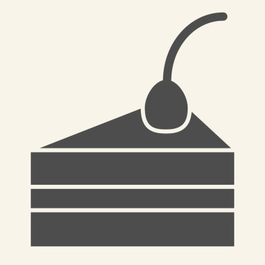 Kek parçası katı simgesi. Beyaz arka planda kremalı ve vişne kabartmalı güzel bir tatlı. Mobil konsept ve web tasarımı için çikolatalı kek. Vektör grafikleri.