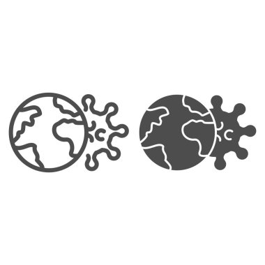 Dünya gezegeni, koronavirüs hattı ve katı bir ikon. Küresel korona virüsü beyaz arka planda ana hatlı resim grafiği yayıyor. Gezici konsept ve web tasarımı için dünya çapında salgın işareti. Vektör grafikleri.