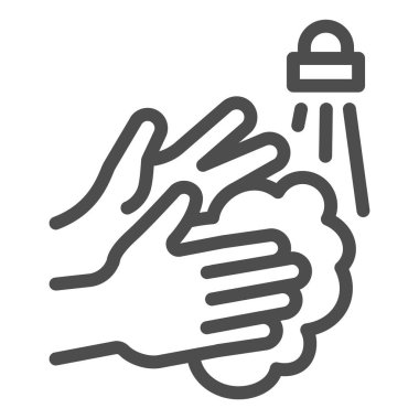 Musluğun altında su hattı ikonu ile el yıkama. Ellerini temiz tut, beyaz arka planda Coronavirus sembolü çizim tarzı piktogramı önle. Mobil konsept ve web tasarımı için kişisel hijyen işareti.