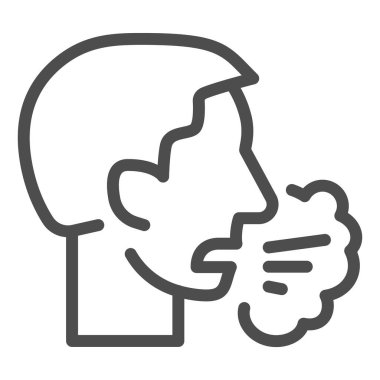 Hapşıran ya da öksüren insan çizgisi simgesi. Viral enfeksiyon sembolü yaydı, beyaz arka planda ana hatlı resim çizimi. Mobil konsept ve web tasarımı için Coronavirus iletim işareti. Vektör.