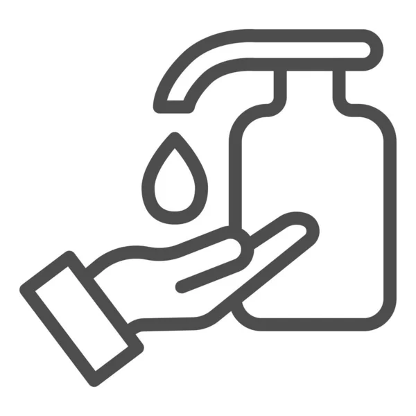 Ícone de linha de sabão líquido e mão. Limpar as mãos usando o símbolo de gel antibacteriano, esboço pictograma estilo no fundo branco. Higiene pessoal desinfecção assinar conceito móvel e web design . — Vetor de Stock
