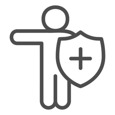 Tıbbi kalkan çizgisi ikonu olan kişi. Hijyen kalkanı sembollü virüse karşı koruma, beyaz arka planda ana hatlı resim. Mobil konsept ve web için Covid-19 önleme işareti.