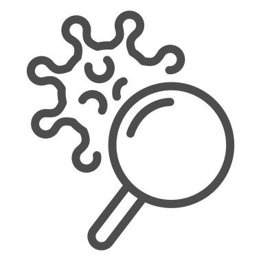 Büyüteç ve bakteri çizgi simgesi. Beyaz arka planda büyüteç ana hatlarıyla çizilmiş tehlikeli bir hücre. Mobil konsept ve web tasarımı için Covid-19 araştırması. Vektör grafikleri.