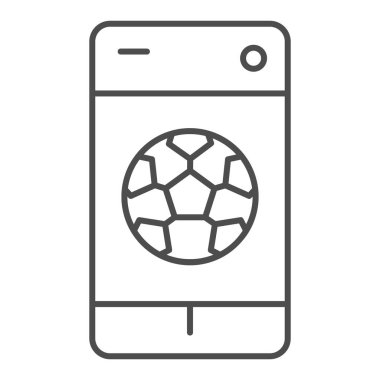 Akıllı telefon topu, ince çizgi ikonu. Futbol ya da futbol sembollü cep telefonu, beyaz arkaplanda ana hatlı resim. Mobil konsept ve web tasarımı için spor tabelası. Vektör grafikleri.