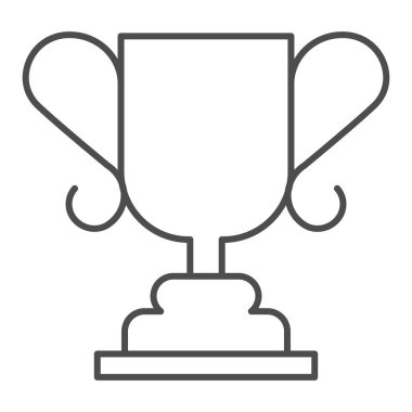 Kazanan kupa ince çizgi ikonu. Son şampiyonluk kupası, yarışma ödülü sembolü, beyaz arka planda ana hatlı resim. Mobil konsept ve web tasarımı için spor tabelası. Vektör grafikleri.