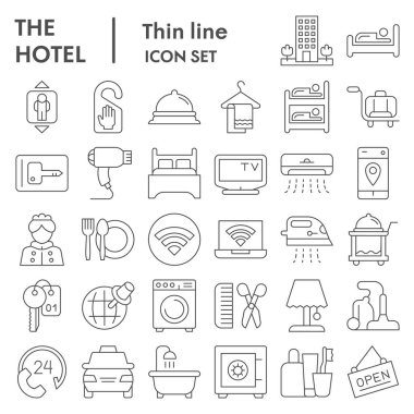 Otel ince çizgi ikonu seti. Ev tabelaları koleksiyonu, çizimler, logo illüstrasyonları, web sembolleri, beyaz arkaplanda izole edilmiş taslak stil piktogram paketleri. Vektör grafikleri.