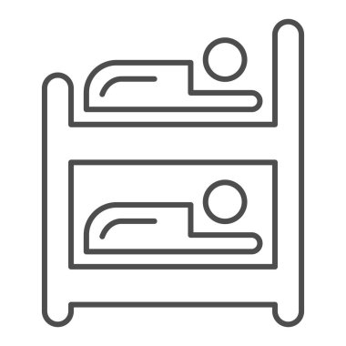 Ranza yatağı, ince çizgi ikonu. İki kişi için yatacak yer, mobilya nesnesi sembolü, beyaz arka planda ana hatlı resim. Mobil konsept ve web tasarımı için otel tabelası. Vektör grafikleri.