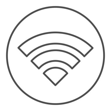 Wifi internet ince çizgi simgesi. Kablosuz ağ sinyal kapsama sembolü, beyaz zemin üzerinde ana hatlı resim. Mobil konsept ve web tasarımı için ağ ya da elektronik imzası. Vektör grafikleri.
