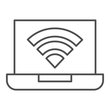 Sinyal ince çizgi ikonlu dizüstü bilgisayar. Kablosuz bağlantı, erişim sembollü aygıt, beyaz arkaplanda ana hatlı resim. Mobil konsept ve web tasarımı için bilgisayar imzası. Vektör grafikleri.