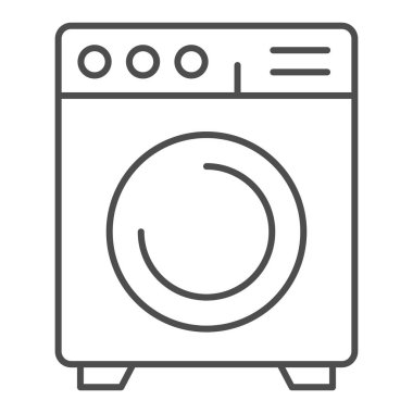 Çamaşır makinesi, ince çizgi ikonu. Çamaşır makinesi, çamaşır yıkama aleti, beyaz arka planda ana hatlı resim. Mobil konsept ve web tasarımı için ev aletleri imzası. Vektör grafikleri.