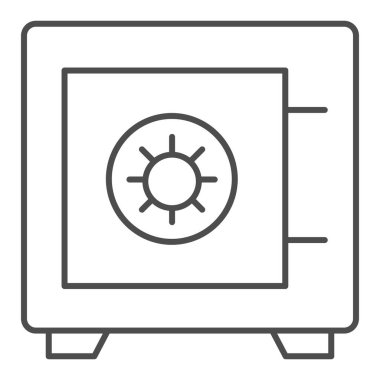 Güvenli ince çizgi simgesi. Banka parası tasarrufu, metalik kutu sembolü, beyaz arka planda ana hatlı resim. Mobil konsept ve web tasarımı için bankacılık ya da iş tabelası. Vektör grafikleri.