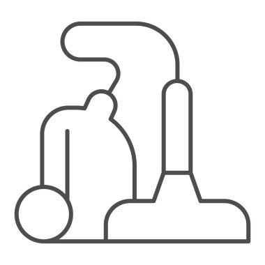 Elektrik süpürgesi, ince çizgi ikonu. Ev temizlik ekipmanları sembolü, beyaz arka planda ana hatlı resim. Mobil konsept ve web tasarımı için otel ya da ev tabelası. Vektör grafikleri.