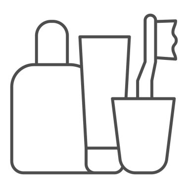 Diş fırçası, krem, şampuan, ince çizgi ikonu. Hijyen seti, banyo aksesuarları sembolü, beyaz arka planda ana hatlı resim. Mobil konsept veya web tasarımı için otel tabelası. Vektör grafikleri.