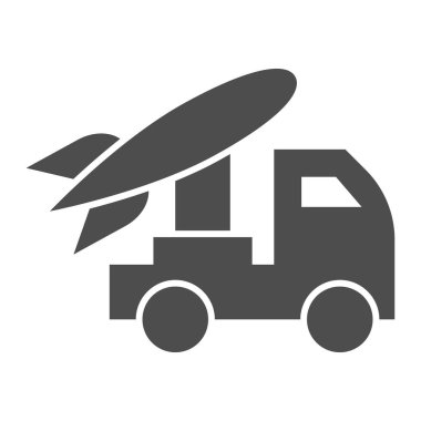 Roket fırlatıcısı ulaşım simgesi. Askeri uçaksavar silah sembolü, beyaz arka planda kabartma şekilli resim. Mobil konsept ve web tasarımı için savaş işareti. Vektör grafikleri.