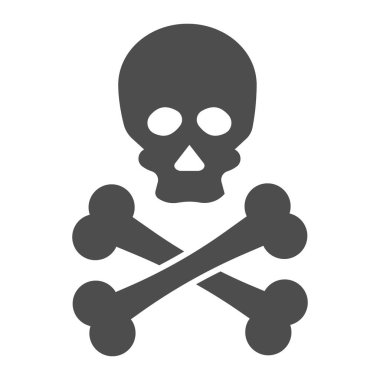 Jolly Roger katı ikon. Ölüm uyarısı, kafatası ve çapraz kemik sembolü, beyaz arkaplanda kabartma şekli. Mobil konsept ve web tasarımı için savaş ya da tehlike işareti. Vektör grafikleri.