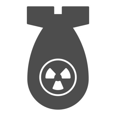 Atom bombası katı ikonu. Nükleer cephane, hava roketi sembolü, beyaz arka planda kabartma şekilli resim. Mobil konsept ve web tasarımı için savaş ya da askeri işaret. Vektör grafikleri.