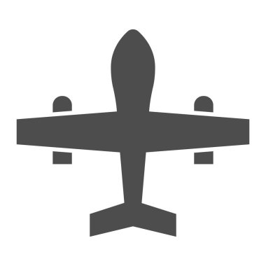 Askeri İHA katı bir ikon. Savaş uçağı, avcı uçağı keşif uçağı sembolü, beyaz arka planda glyph tarzı resim. Mobil konsept ve web tasarımı için savaş işareti. Vektör grafikleri.