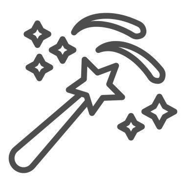 Sihirli değnek çizgisi simgesi. Yıldızlı ve parıltılı peri sopası. Festive Event and Show vektör tasarımı konsepti, beyaz arka planda ana hatlı resim çizimi, web ve uygulama için kullan. Eps 10.