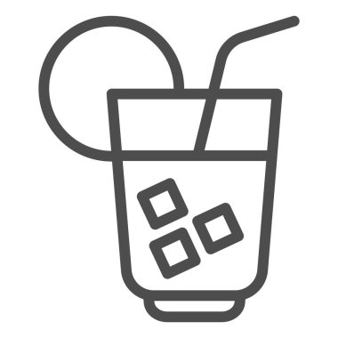 Soğutma içeceği ikonu. Bir bardak kokteyl ya da buzlu meyve suyu, narenciye ve saman. Doğum günü partisi vektör tasarımı konsepti, beyaz arka planda ana hatlı resim çizimi, web ve uygulama için kullanım. Eps 10.