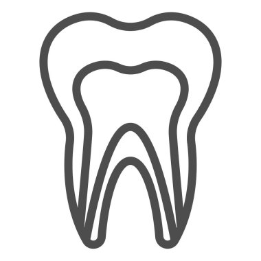 İnsan diş modeli çizgisi simgesi. Sağlıklı diş yapısı profil görünüm sembolü, beyaz arka planda ana hatlı resim. Mobil konsept ve web tasarımı için dişçilik imzası. Vektör grafikleri.