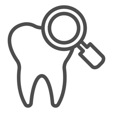 Diş çizgisi simgesi kontrol ediliyor. Teşhis ya da dışavurum, diş ve büyüteç sembolü, beyaz arkaplanda ana hatlı resim çizimi. Mobil konsept ya da web tasarımı için dişçilik imzası. Vektör grafikleri.