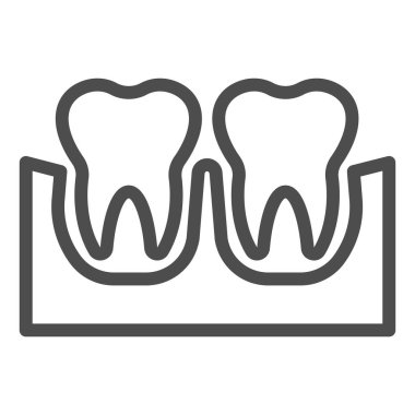 Diş eti çizgisi simgesindeki diş. İki büyüyen diş, güzel sağlıklı diş sembolü, beyaz arka planda ana hatlı resim. Mobil konsept ve web tasarımı için dişçilik imzası. Vektör grafikleri.