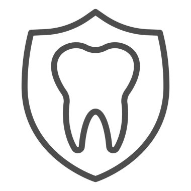 Diş amblemi çizgisi simgesi. Koruma, sağlıklı diş sembollü kalkan, beyaz arka planda ana hatlı resim. Mobil konsept ve web tasarımı için dişçilik imzası. Vektör grafikleri.