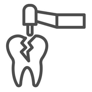 Diş matkabı ve çatırdayan diş çizgisi simgesi. Tedavi aracı sembolü taşır, beyaz arkaplanda taslak biçiminde resim çizer. Mobil konsept ve web tasarımı için dişçilik imzası. Vektör grafikleri.
