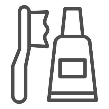 Diş fırçası ve diş macunu çizgisi simgesi. Fırça ve yapıştırma tüpü, ağız temizliği sembolü, beyaz arka planda ana hatlı resim. Mobil konsept ya da web tasarımı için dişçilik imzası. Vektör grafikleri.