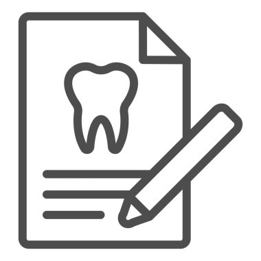 Diş sağlığı raporu çizgisi simgesi. Diş muayenesi analizi ve kalem sembolü, beyaz arka planda ana hatlı resim. Mobil konsept ve web tasarımı için dişçilik imzası. Vektör grafikleri.