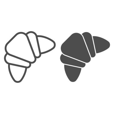 Kruvasan hattı ve katı bir ikon. Geleneksel kahvaltı, tatlı dolgu sembollü badem çöreği, beyaz arka planda ana hatlı resim. Mobil konsept ve web tasarımı için fırın tabelası. Vektör grafikleri.