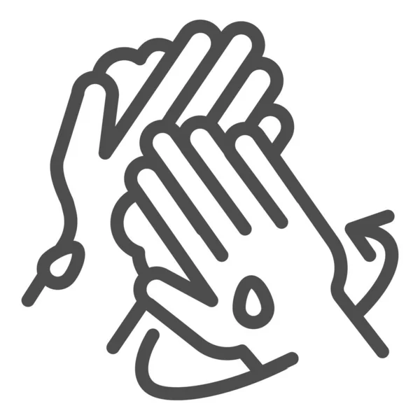 Juiste hand wassen instructie lijn pictogram. Persoonlijke hygiëne in covid-19 pandemische symbool, omtrek stijl pictogram op witte achtergrond. Was handen beide zijden met zeep goed vector teken. — Stockvector