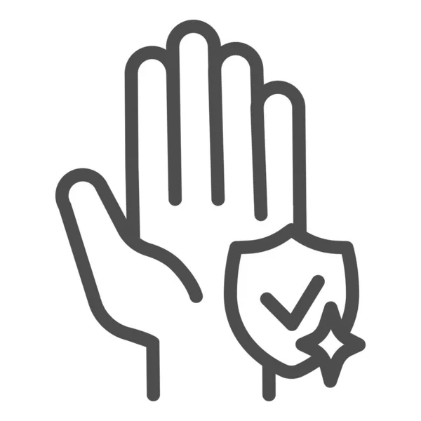 Escudo con icono de línea de mano ordenada. Mantenga las manos limpias símbolo, delinear pictograma estilo sobre fondo blanco. Lávese las manos para covid-19 señal de prevención móvil y diseño web. Gráficos vectoriales . — Vector de stock