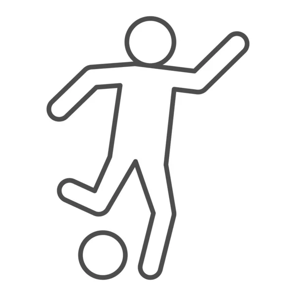 男はボールの細い線のアイコンを撃つ。サッカーやサッカーの選手は白い背景にサッカーボールのシンボル、アウトラインスタイルのピクトグラムを蹴った。モバイルコンセプトとウェブデザインのためのスポーツ標識。ベクトルグラフィックス. — ストックベクタ