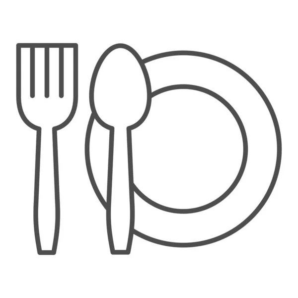 Besteckset Thin Line Icon. Tellerschale mit Gabel- und Messersymbol, Umrisspiktogramm auf weißem Hintergrund. Lebensmittel- oder Haushaltsschild für mobiles Konzept und Webdesign. Vektorgrafik. — Stockvektor
