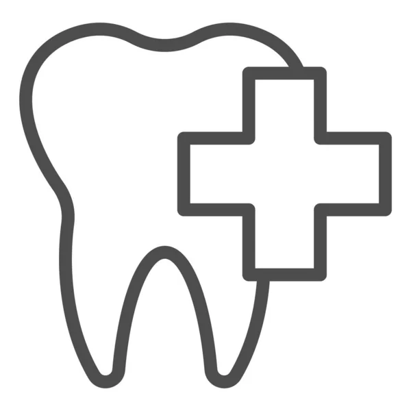 Limpie un solo diente con el icono de línea plus. Cuidado de los dientes con símbolo de cruz, pictograma de estilo de contorno sobre fondo blanco. Signo dental para concepto móvil y diseño web. Gráficos vectoriales . — Archivo Imágenes Vectoriales