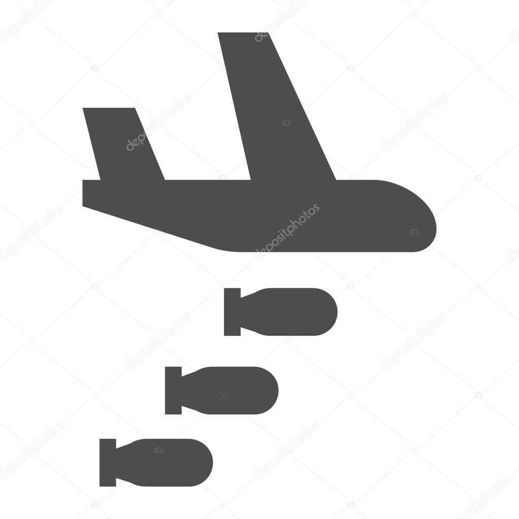 Bomber solid icon. Air bombing, war attack and aircraft symbol, glyph style pictogram on white background. Military or warfare sign for mobile concept and web design. Vector graphics.